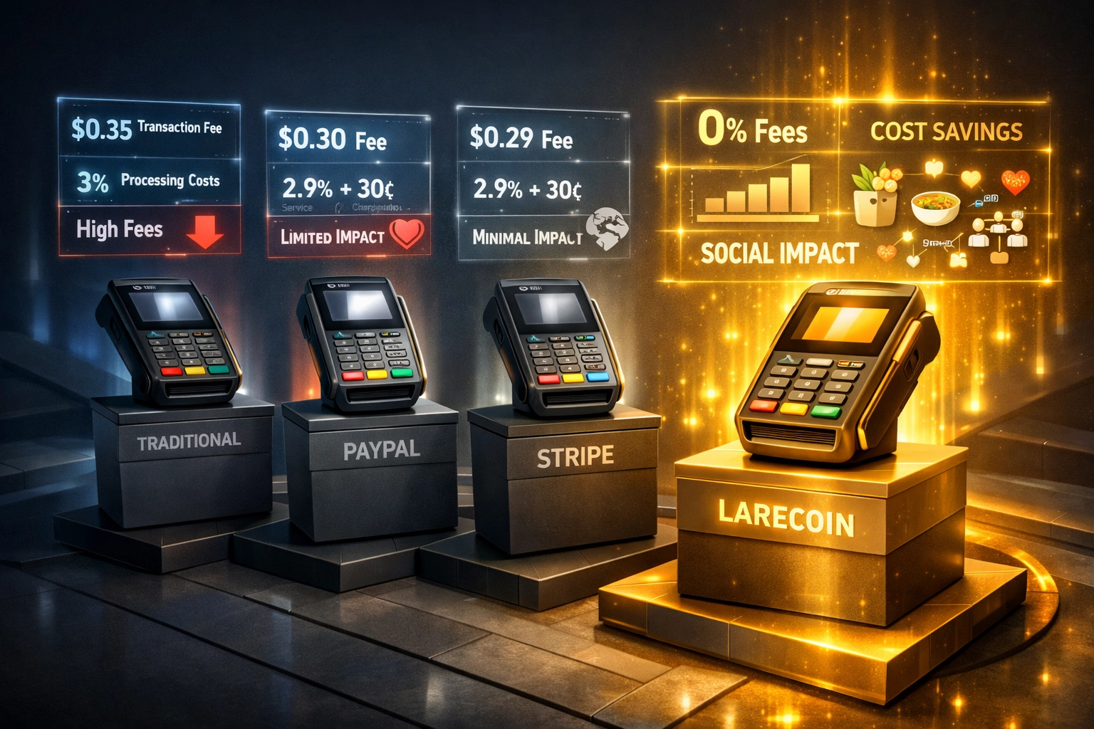 Payment processor fee comparison showing Larecoin's cost savings and social impact versus competitors