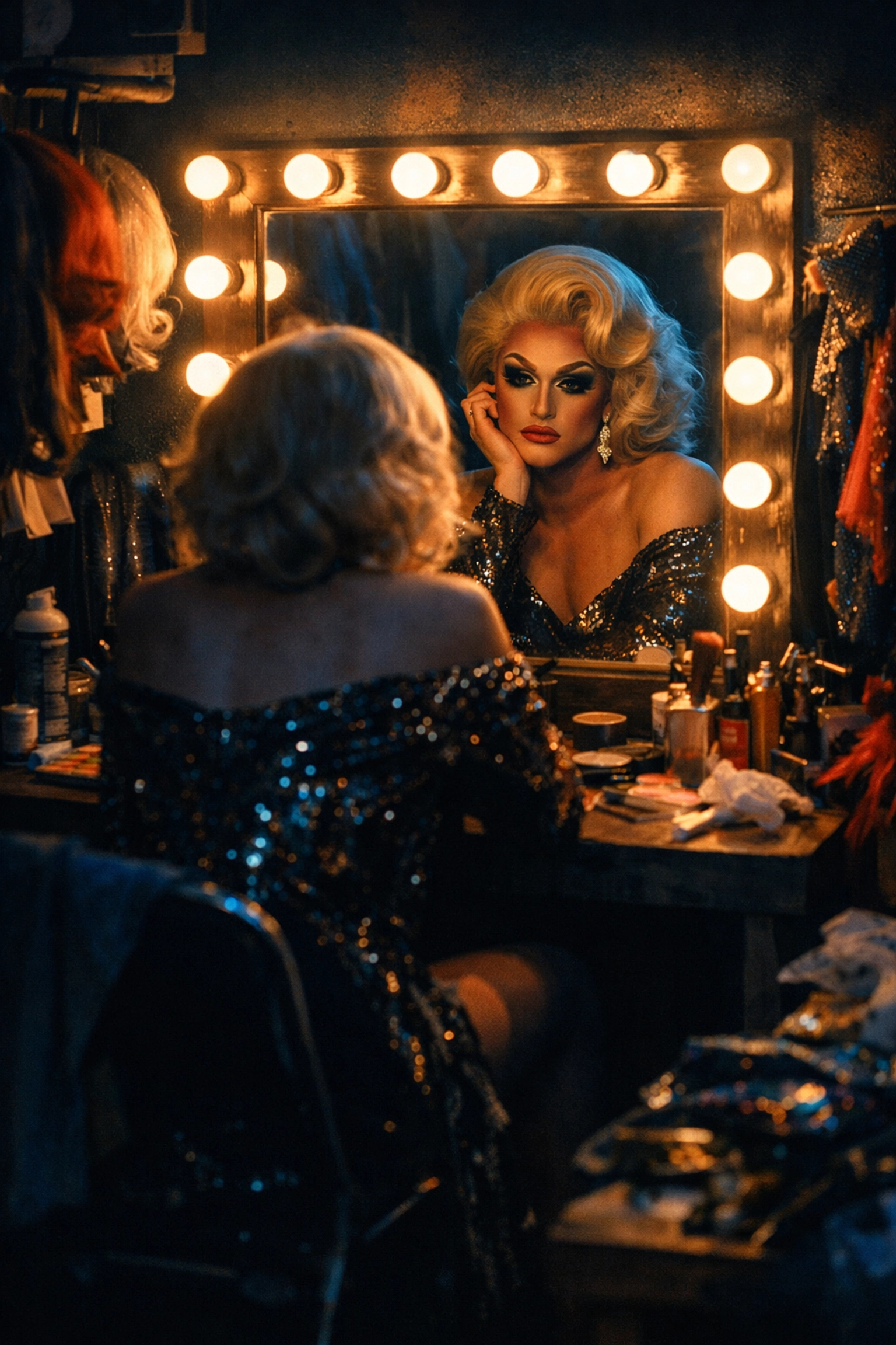 Drag queen alone in dressing room confronting self-doubt and external criticism
