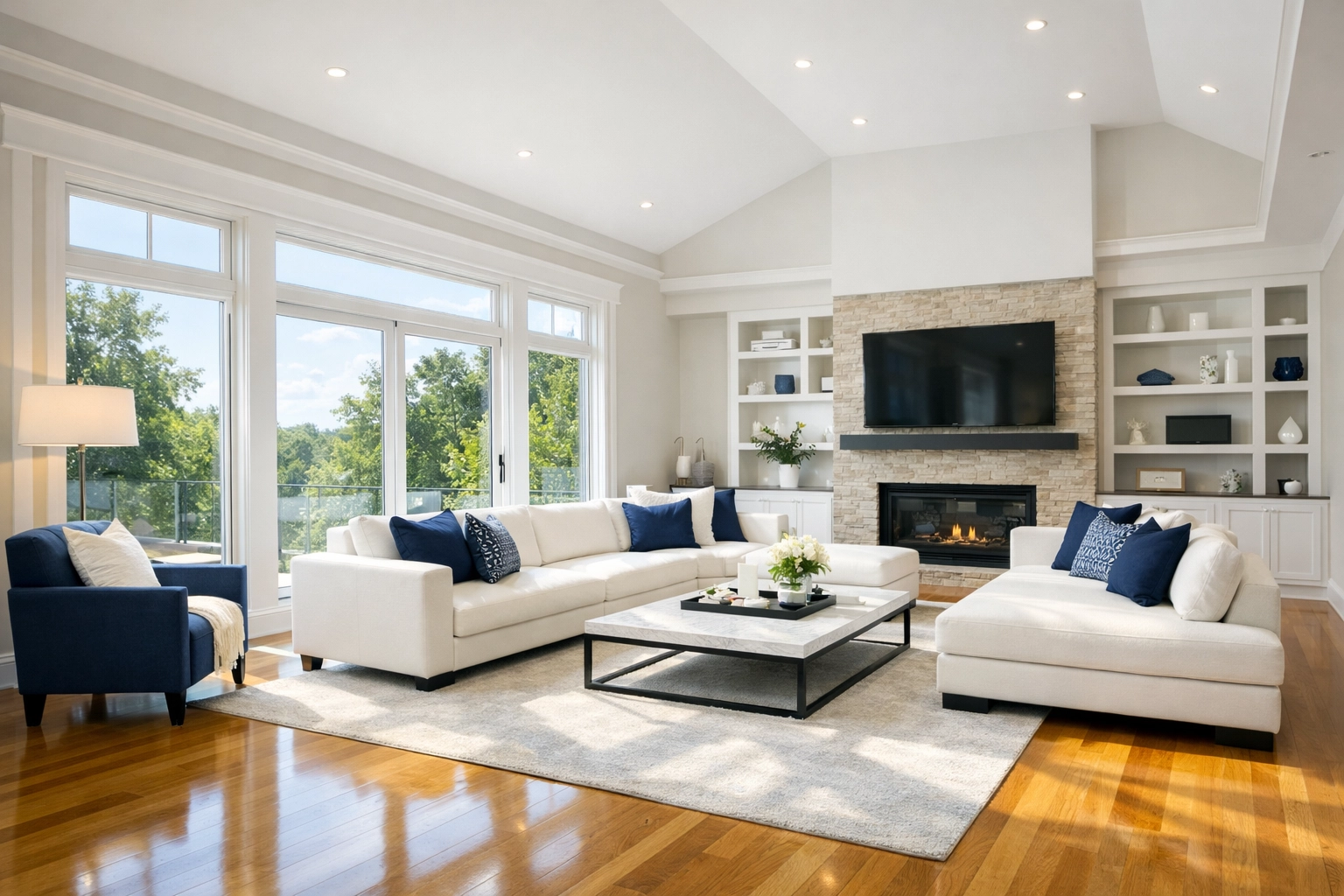 Pristine living room with polished floors following expert house cleaning Worcester MA.