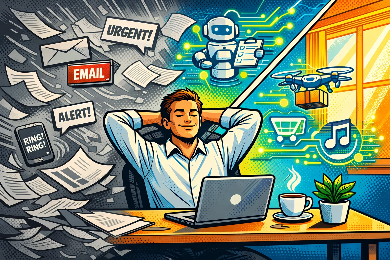 Business owner at organized desk with AI automation handling chaotic tasks in background