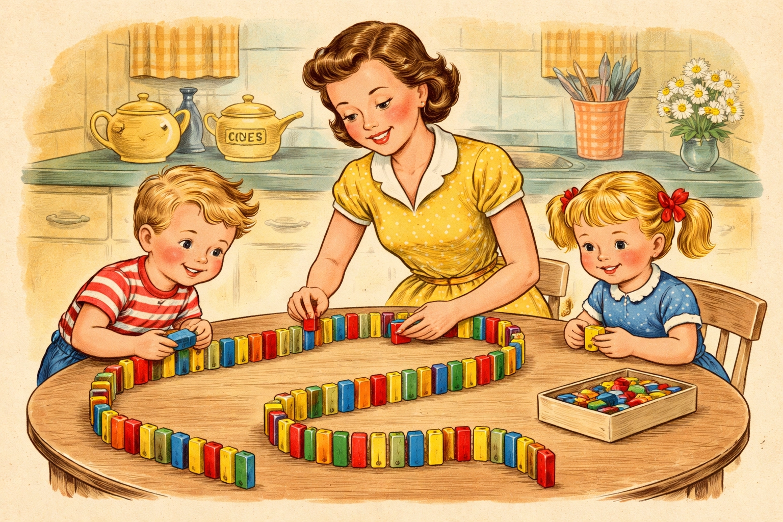 A cheerful family sets up colorful dominoes around a kitchen table during a fun domino chain reaction activity for kids.