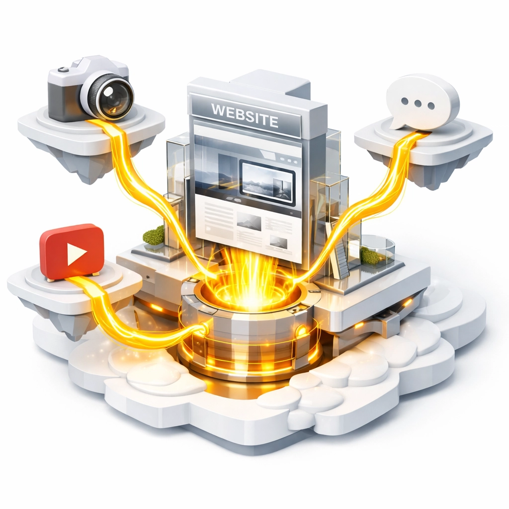 Social media channels feeding traffic into a central website for small business web design optimization.