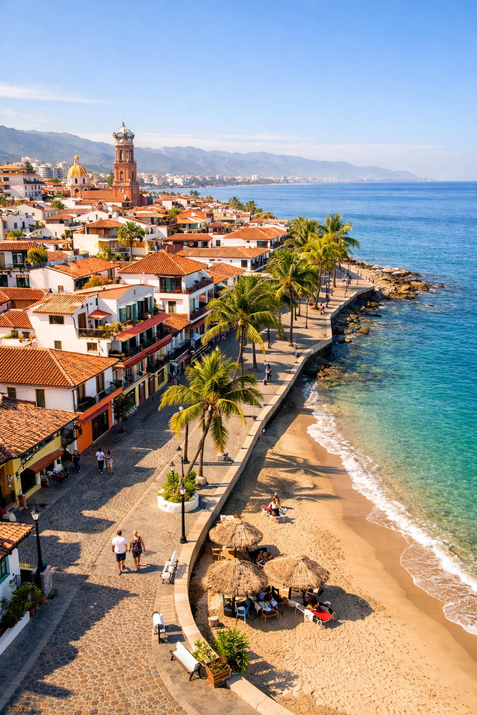 Aerial view of Zona Romántica Puerto Vallarta during shoulder season with quiet streets and bay views