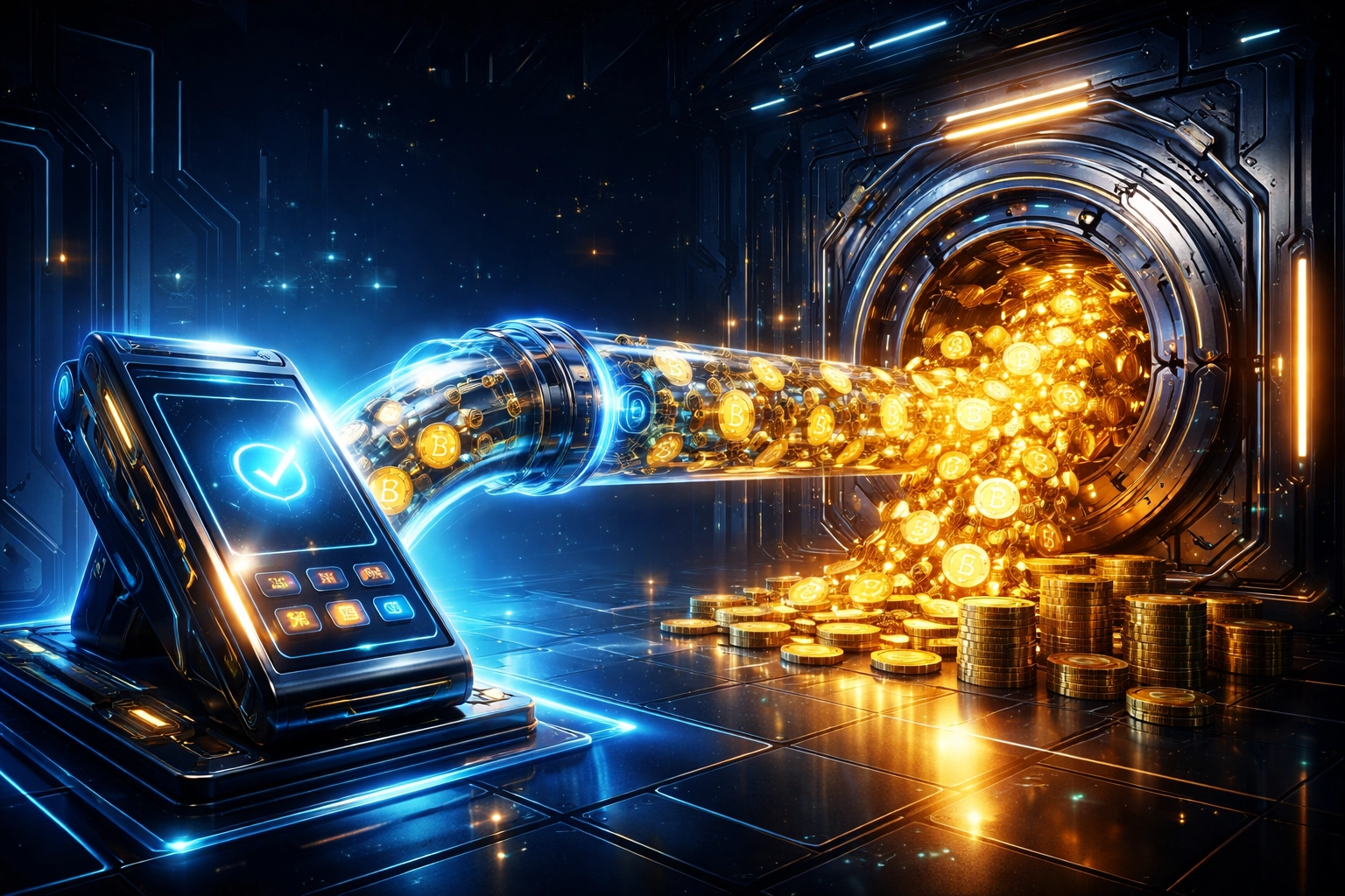 Digital vault representing receivables tokenization with cryptocurrency tokens flowing to a merchant terminal, highlighting Larecoin's Web3 payment benefits.