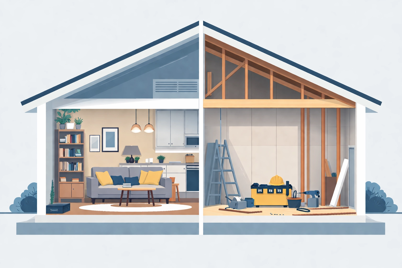 Split illustration of a house with one side furnished and the other under renovation, showing fix and flip insurance needs