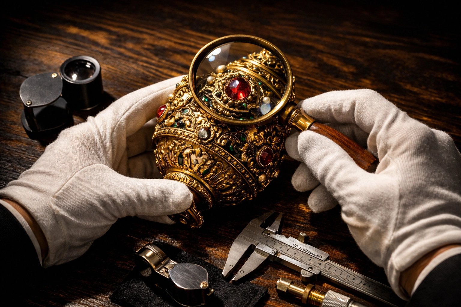 Professional appraiser examining antique item with magnifying glass during estate evaluation