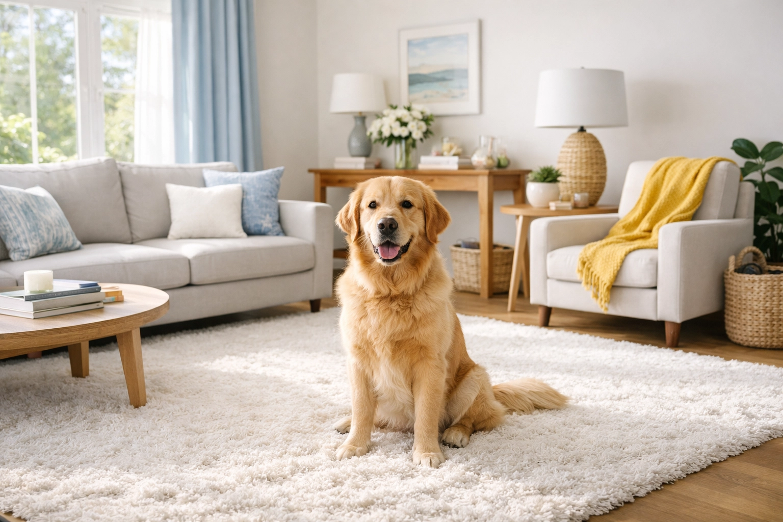 Pet-friendly house cleaning in Lowell MA showing a clean living room with a white rug and a happy dog.