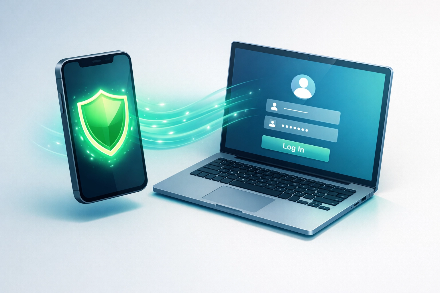 Smartphone displaying a security shield icon to authorize a secure laptop login with MFA.