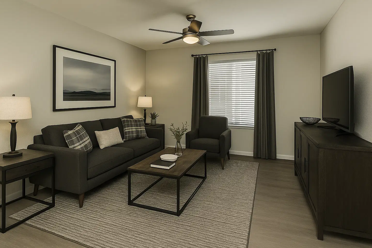 Beautifully staged living room in a finished flip