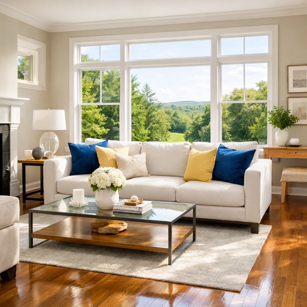 Professionally cleaned living room in Ashby, Massachusetts with polished hardwood floors.