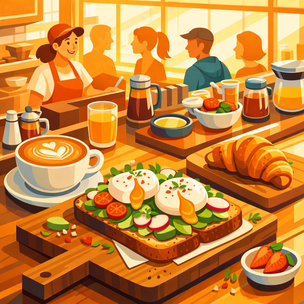 Breakfast counter with avocado toast, latte, and customers lined up at restaurant