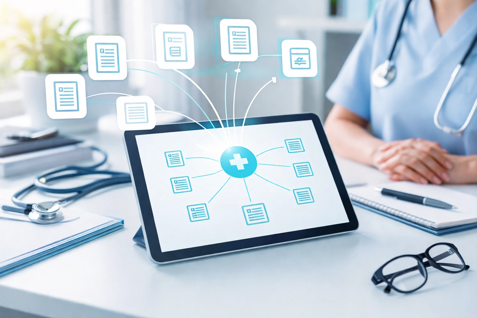 Tablet displaying admissions workflow with nurse's hands, illustrating AI admissions software for skilled nursing facilities.