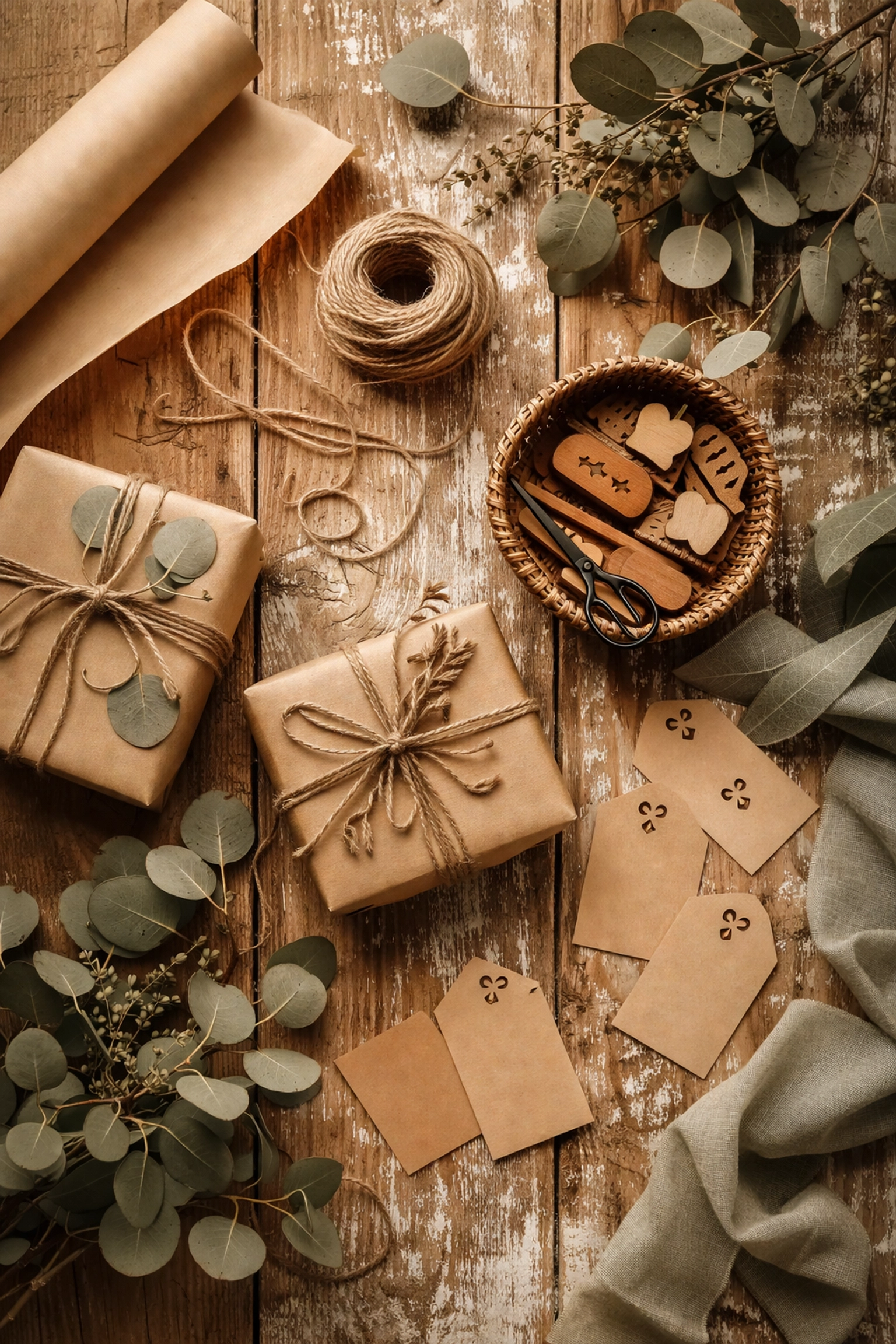 Creative gift wrapping materials like kraft paper, twine, and tags on a farmhouse table for unique presentation.