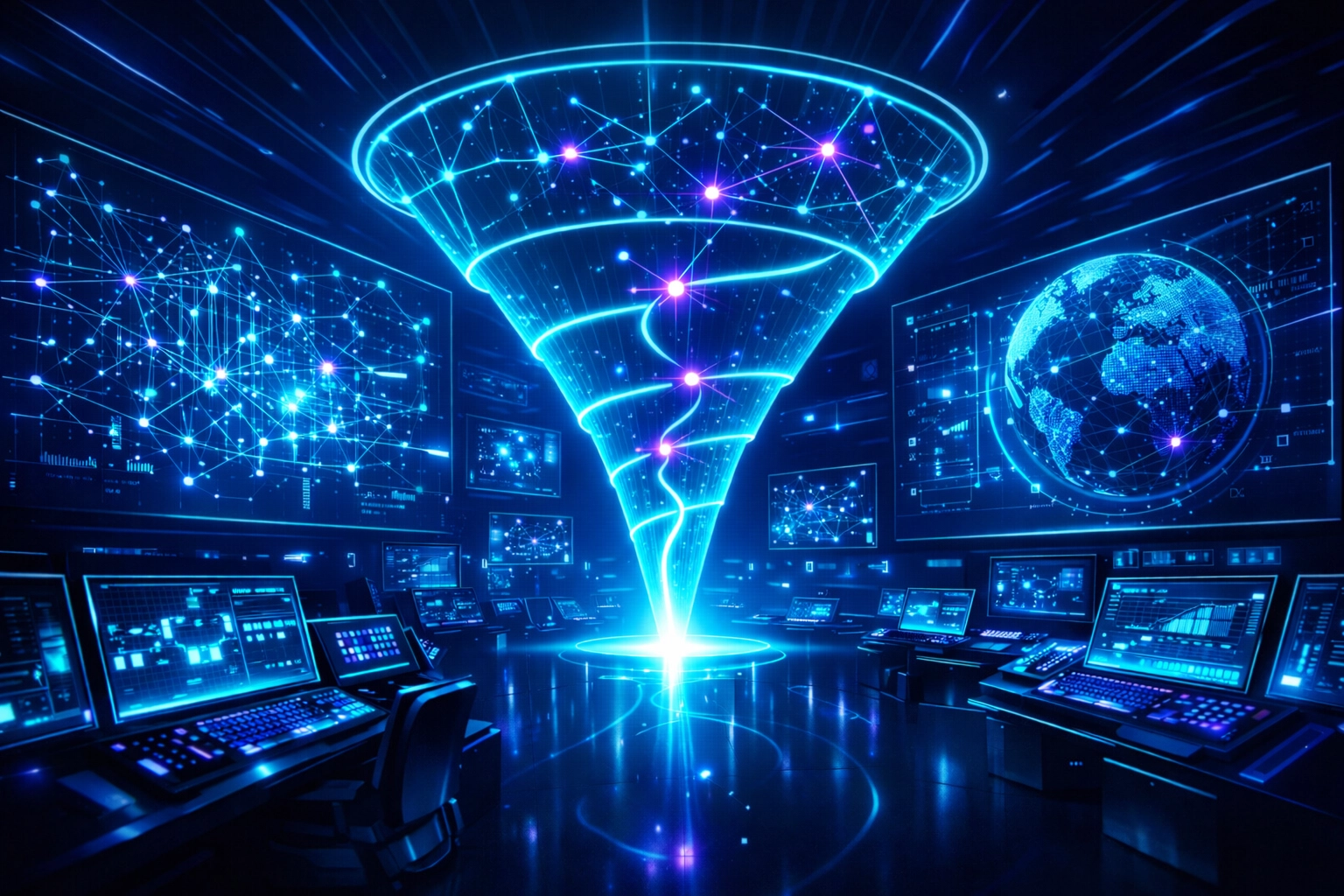 Futuristic digital dashboard illustrating an AI-powered lead nurturing funnel for real estate.