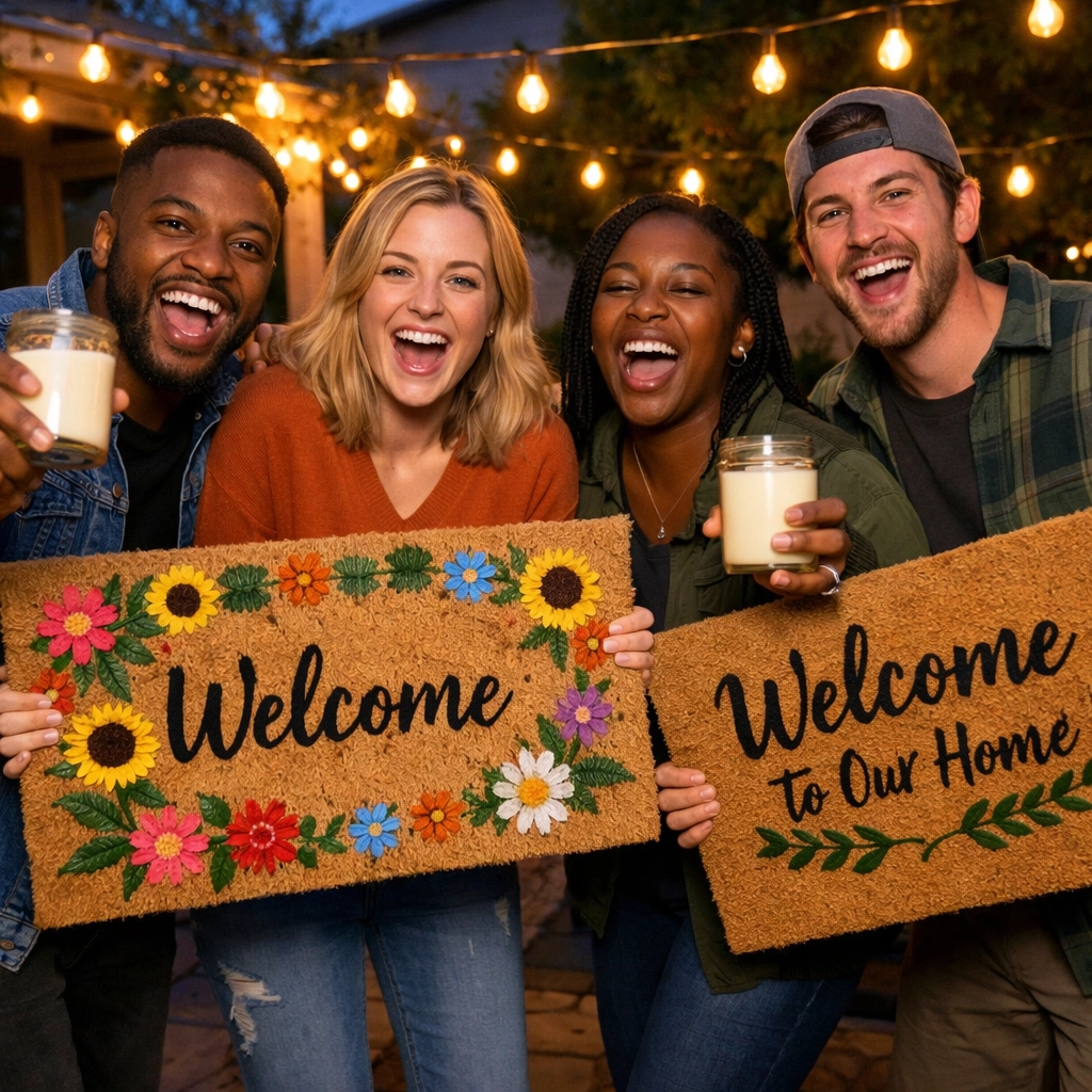 Group of friends showing off DIY welcome mats and candles at a private craft workshop in the DMV.