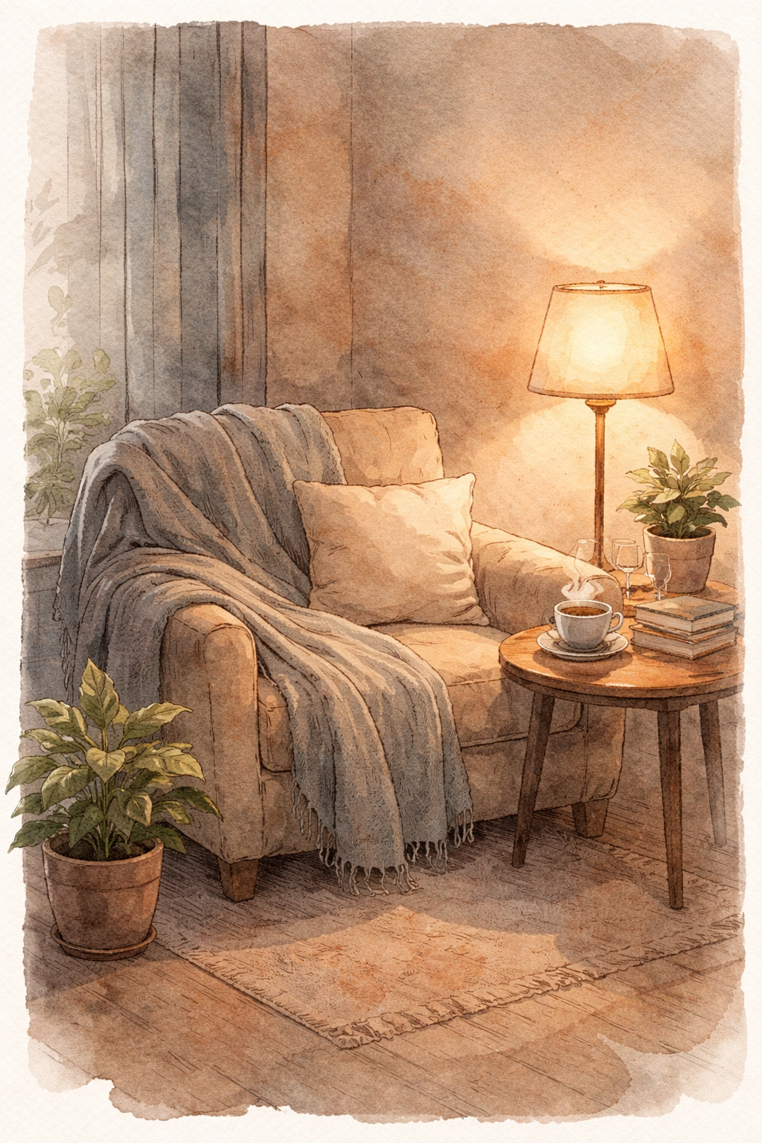 Cozy reading corner with armchair, blanket, and tea, showing a restful environment for sensory recovery
