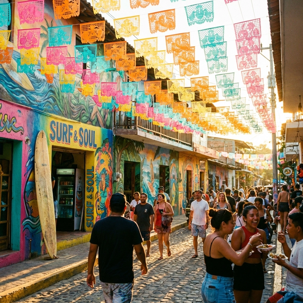 Colorful street scene in Sayulita, Mexico, with papel picado flags and vibrant murals, popular day trip from Puerto Vallarta