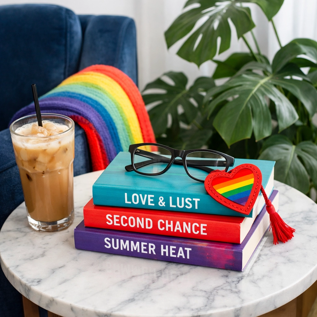 A cozy reading nook with a rainbow blanket and a stack of popular MM romance books, perfect for a Read with Pride book club.