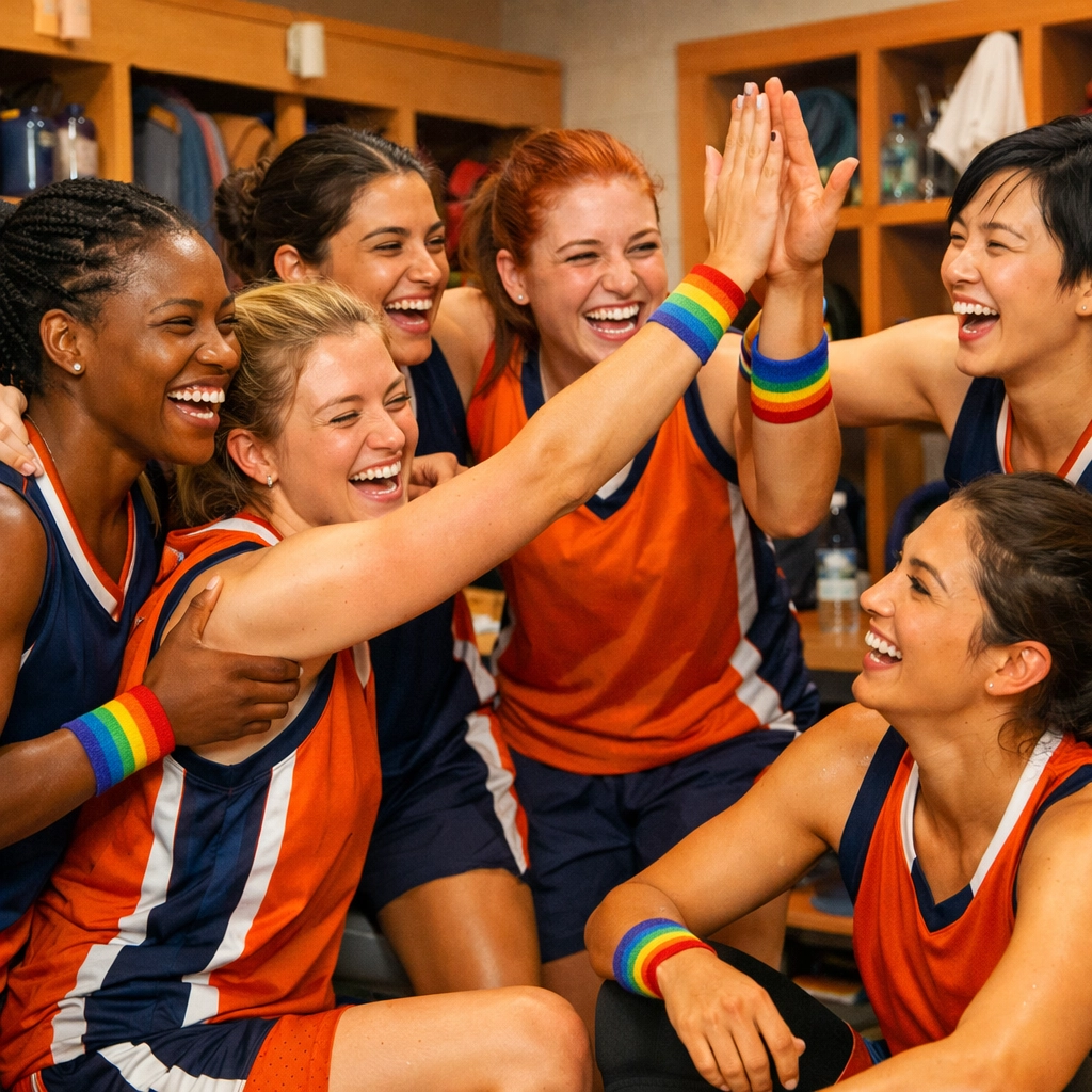 WNBA lesbian players celebrating in locker room showing LGBTQ+ pride and inclusive team culture