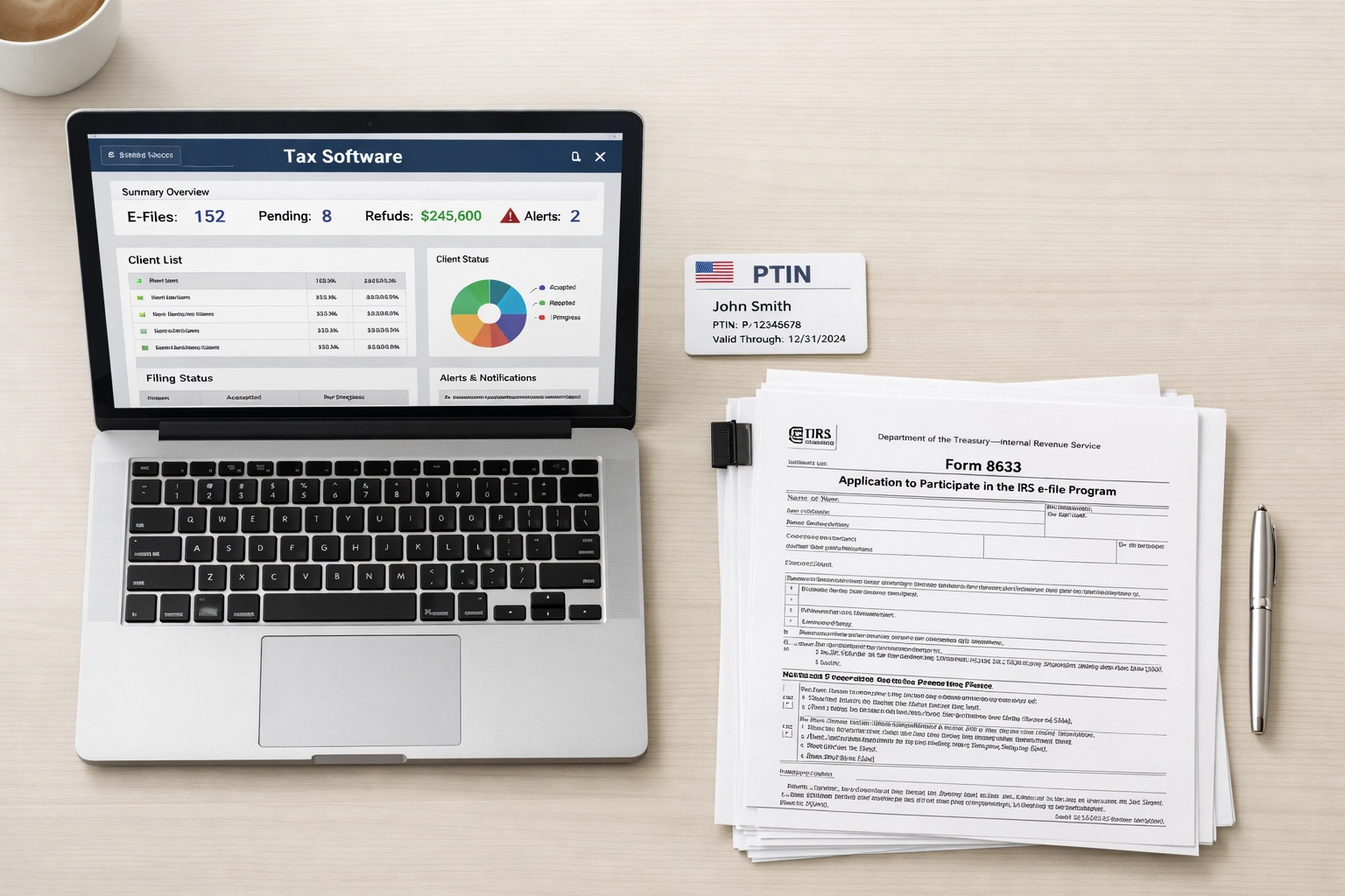 IRS Form 8633 and PTIN card on desk for service bureau federal registration requirements