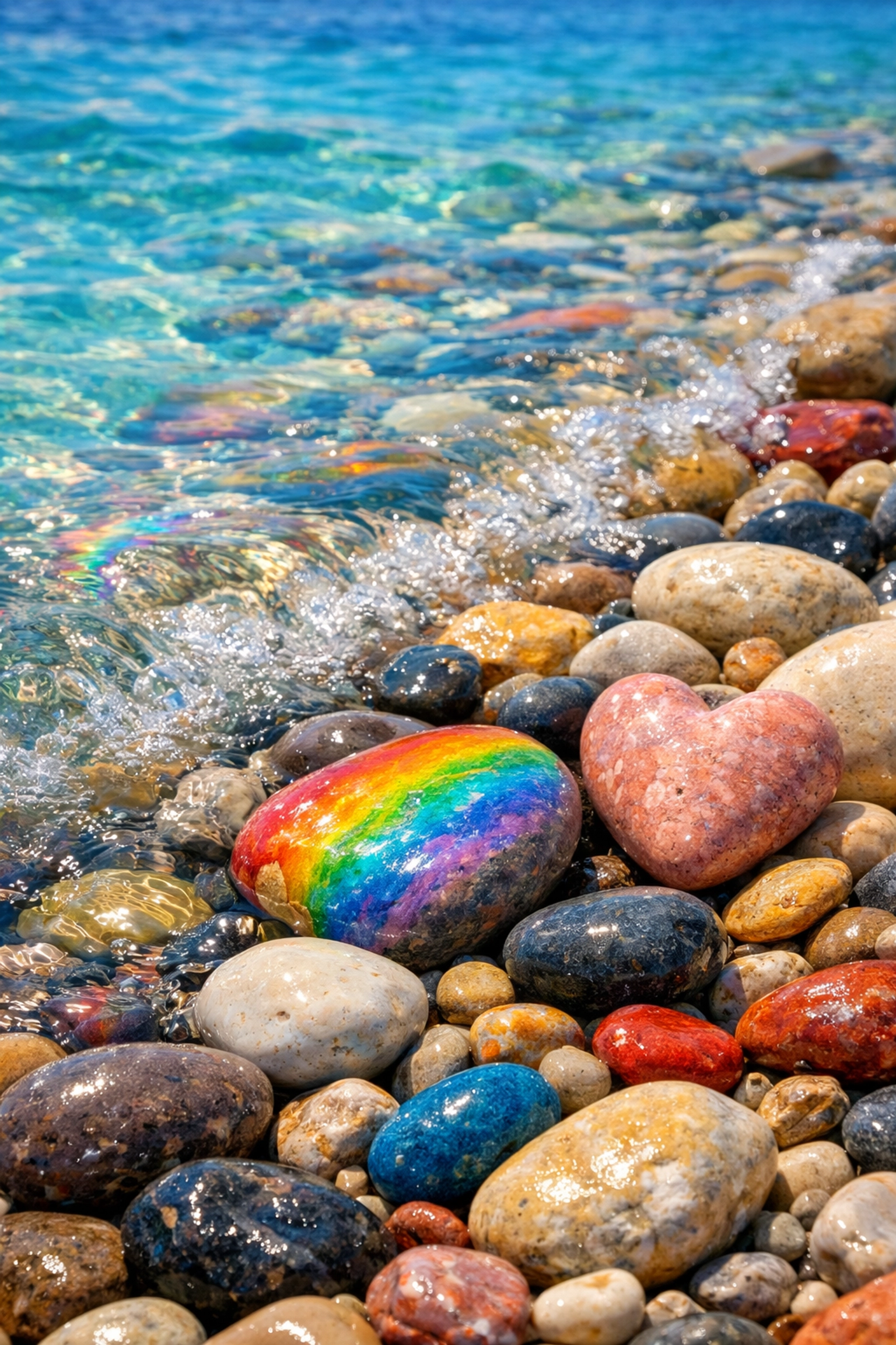 Rocky pebble beach shoreline on Jerolim Island with crystal clear water