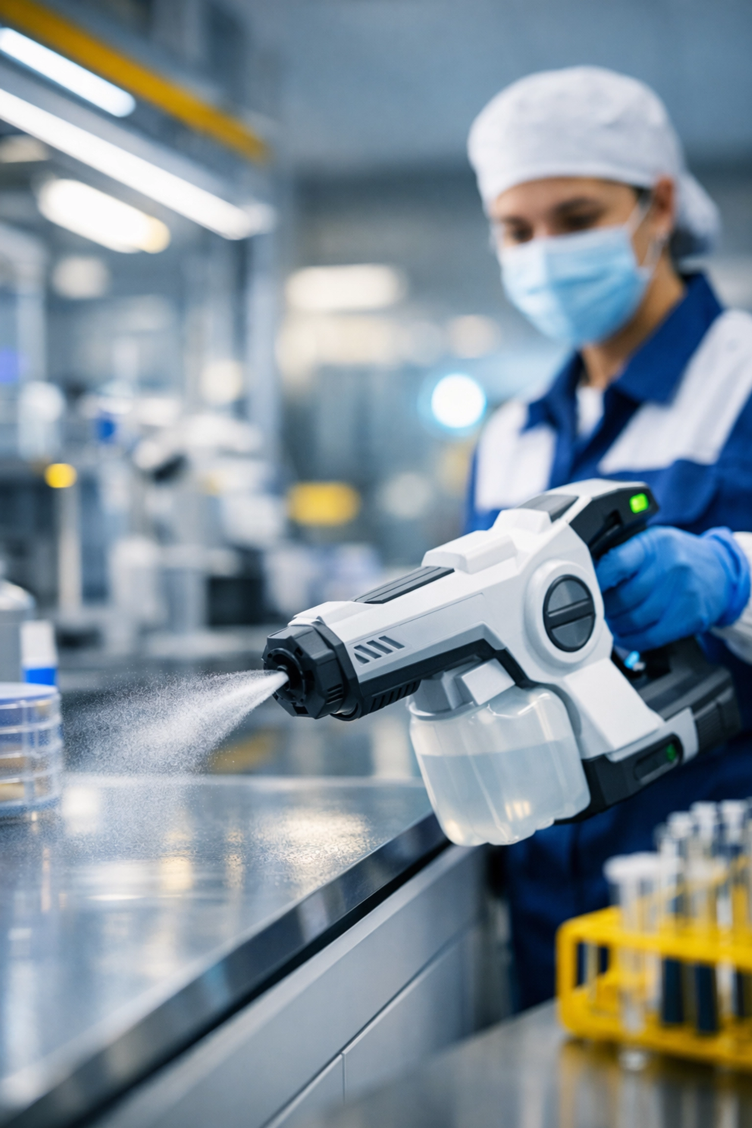 Specialized laboratory cleaning professional using high-tech disinfection equipment in a medical lab.