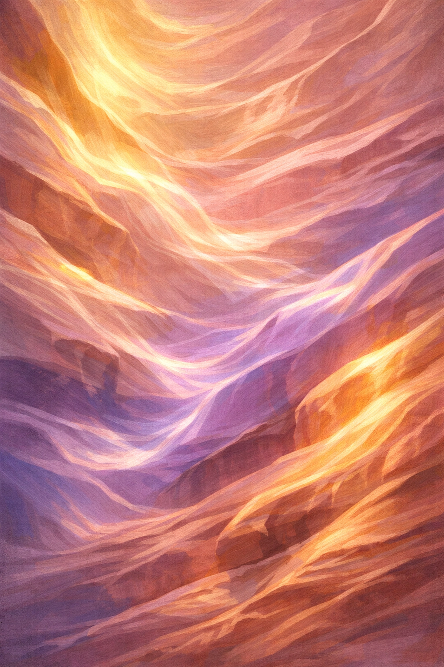 Golden and violet light flowing across layered desert rock formations at summit