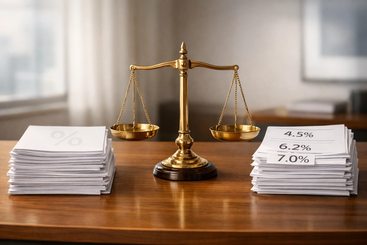 Balanced scale comparing debt and equity financing documents for startups