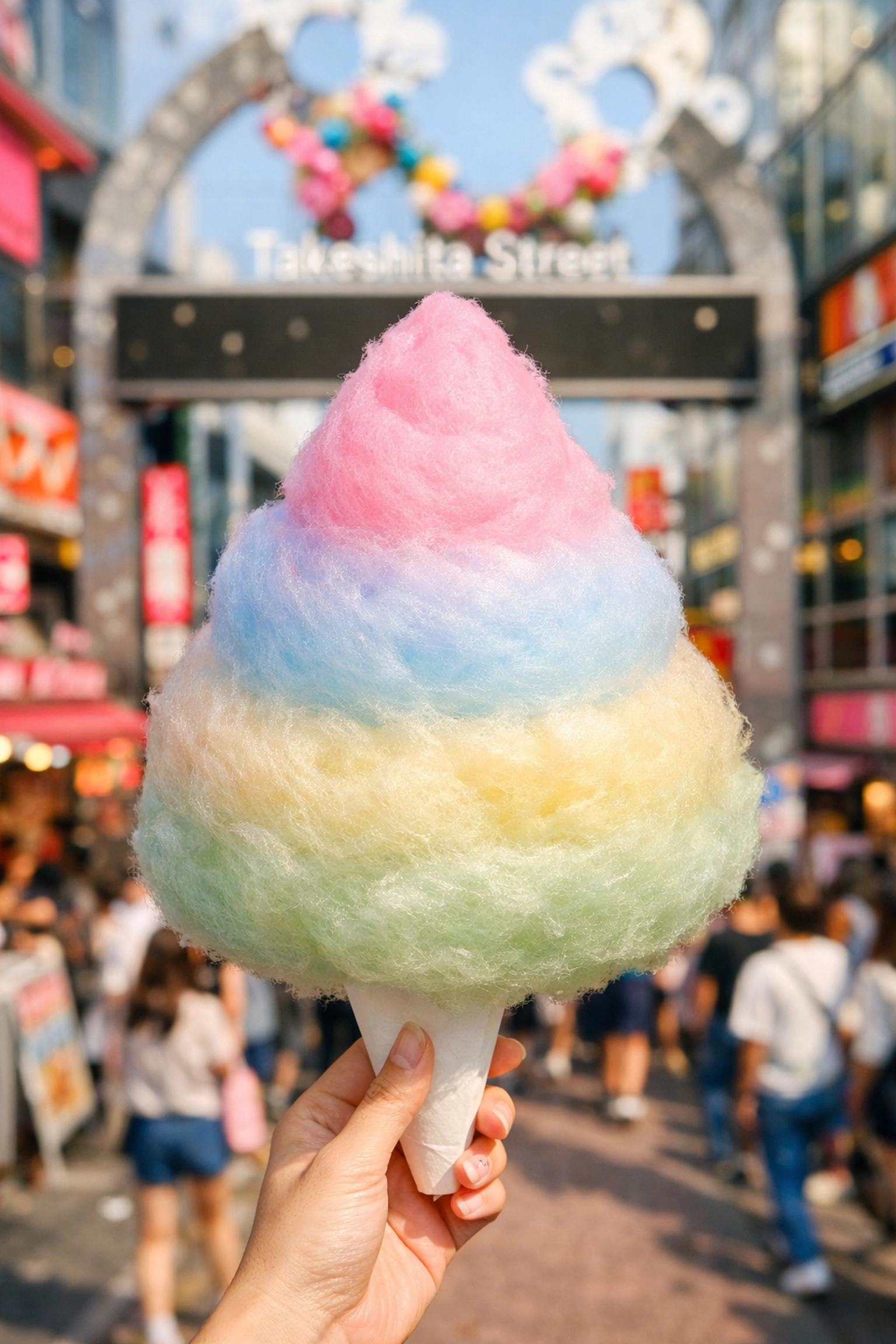 Vibrant rainbow cotton candy in Harajuku, one of the best photo-worthy food spots in Tokyo.