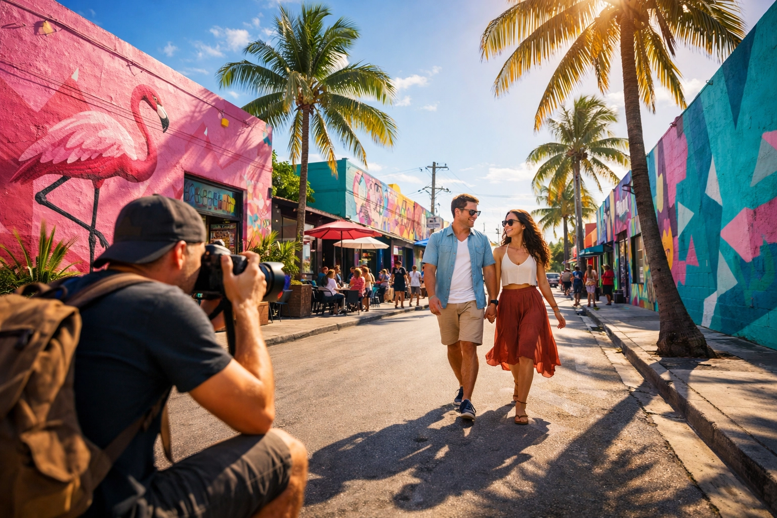 Outdoor lifestyle photography session in Miami featuring a photographer capturing candid moments against murals.