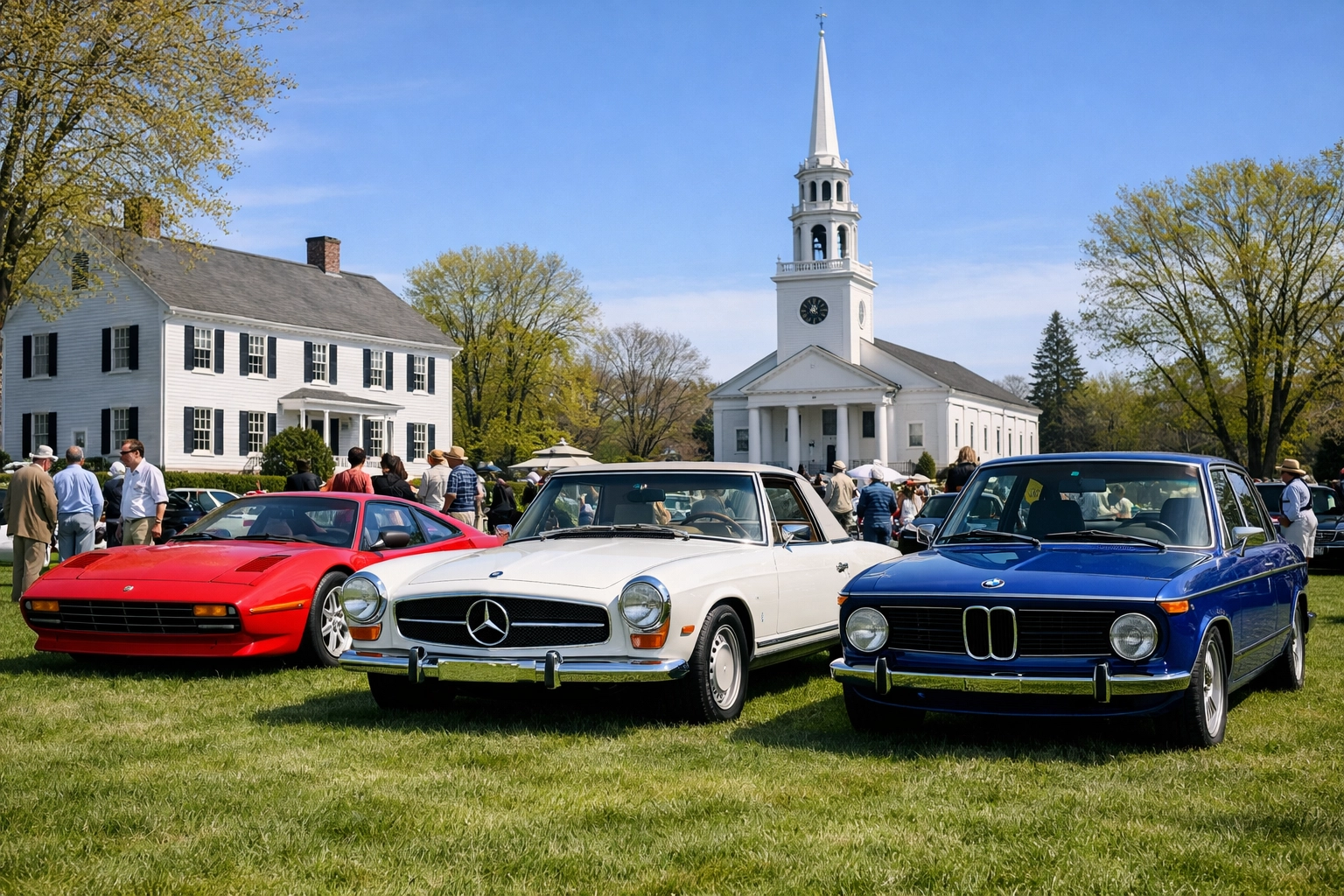 Collection of European classic cars gathered for a spring enthusiast event in Litchfield, Connecticut.