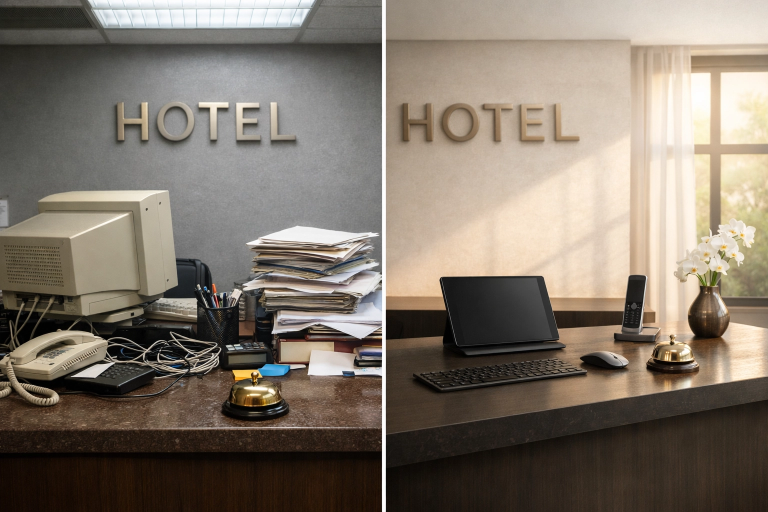 Comparison of cluttered traditional hotel desk versus modern cloud-native PMS setup