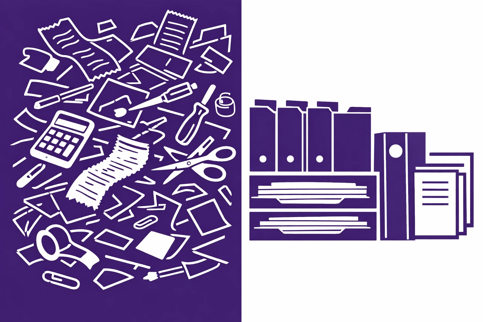 Organized construction bookkeeping files versus disorganized receipts showing proper expense management