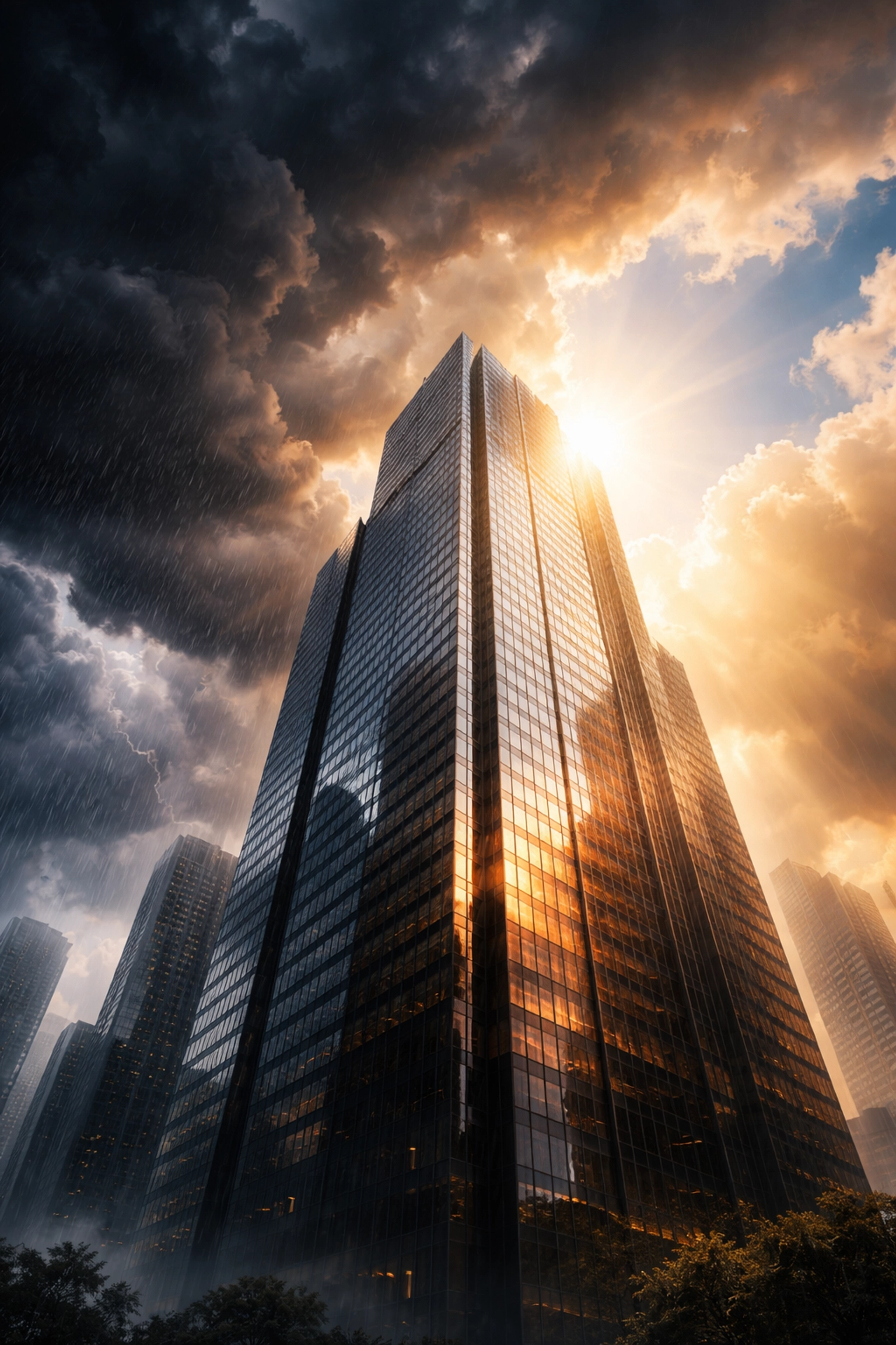 Financial skyscraper standing resilient under stormy and clear skies, symbolizing hedge fund risk mitigation in 2026