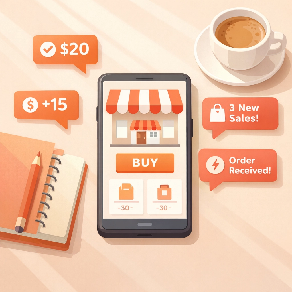 Minimalist workspace with smartphone showing sales alerts representing low-cost digital product startup