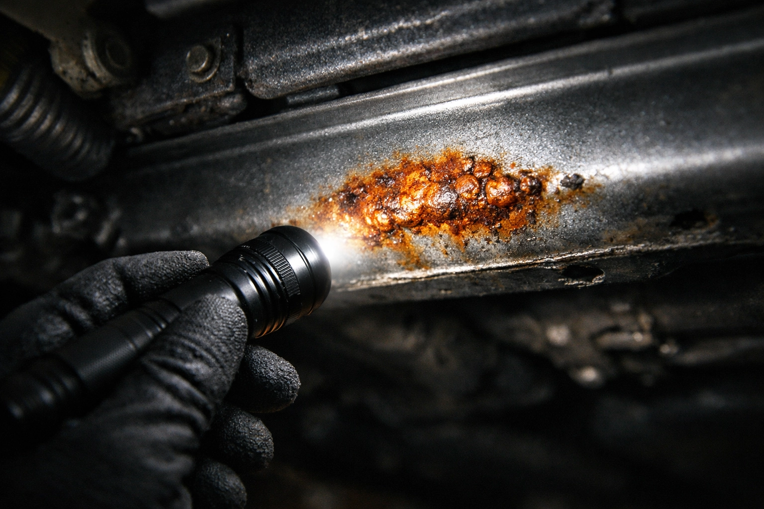 Inspection torch highlighting bubbling underbody rust on a car chassis during a pre-MOT check.