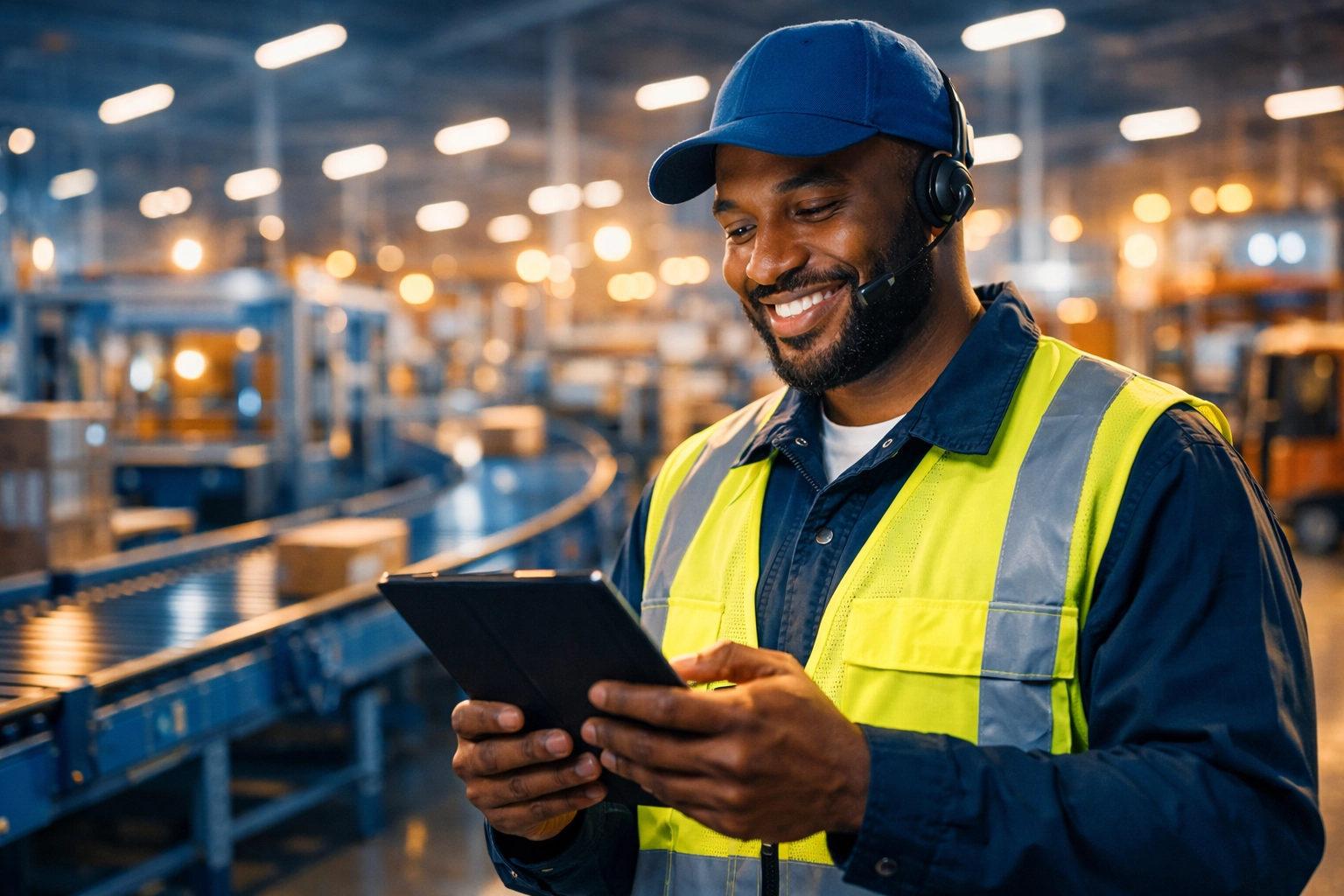 Memphis night shift worker in high-vis gear using a tablet in a bright logistics warehouse.