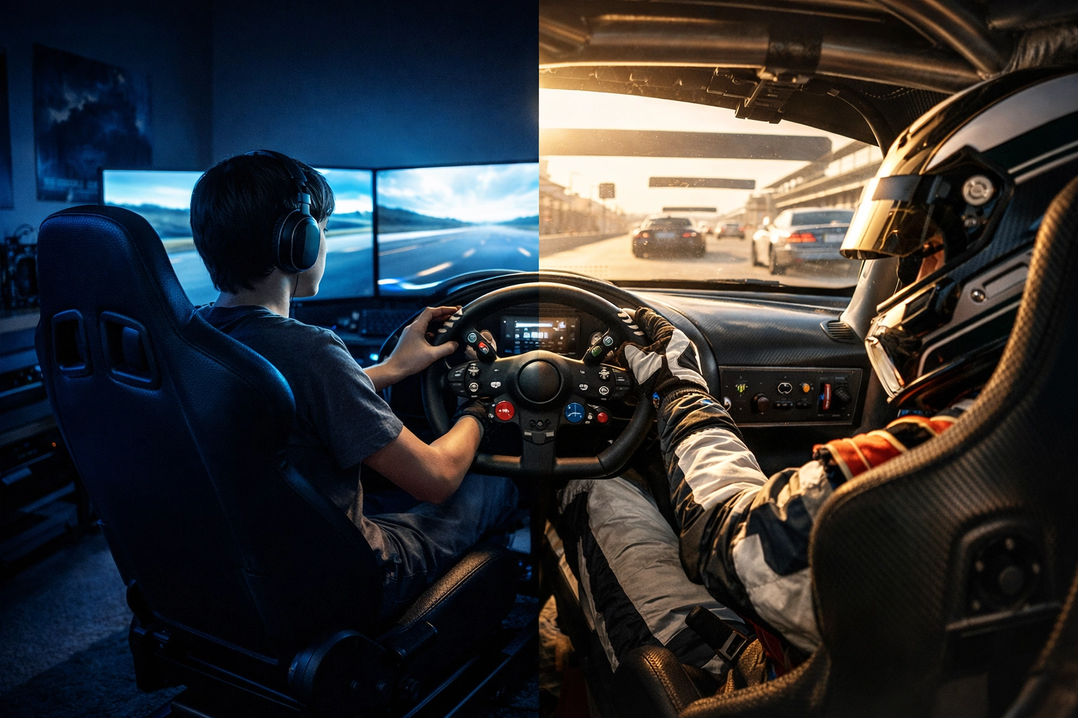 A driver transitions from a home SIM racing setup to a professional GT3 race car cockpit.