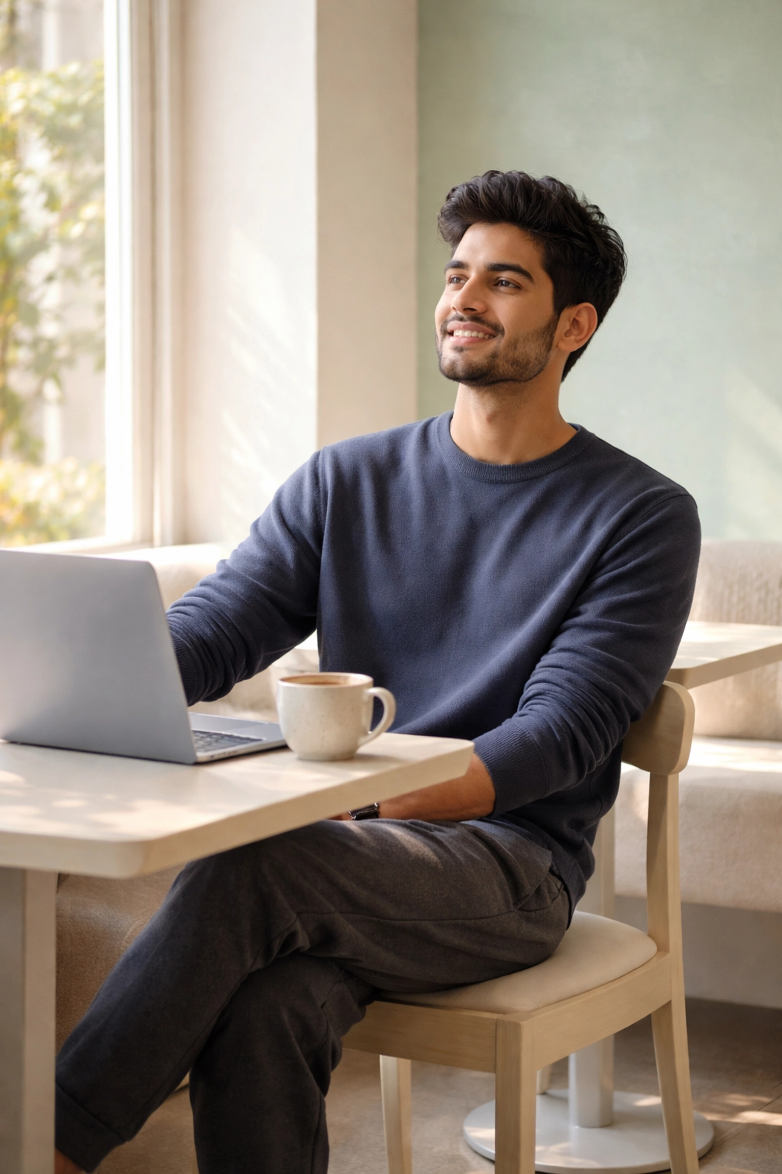 South Asian freelancer smiling at a cafe upon receiving USDC salary, highlighting fast global payment solutions for remote workers.