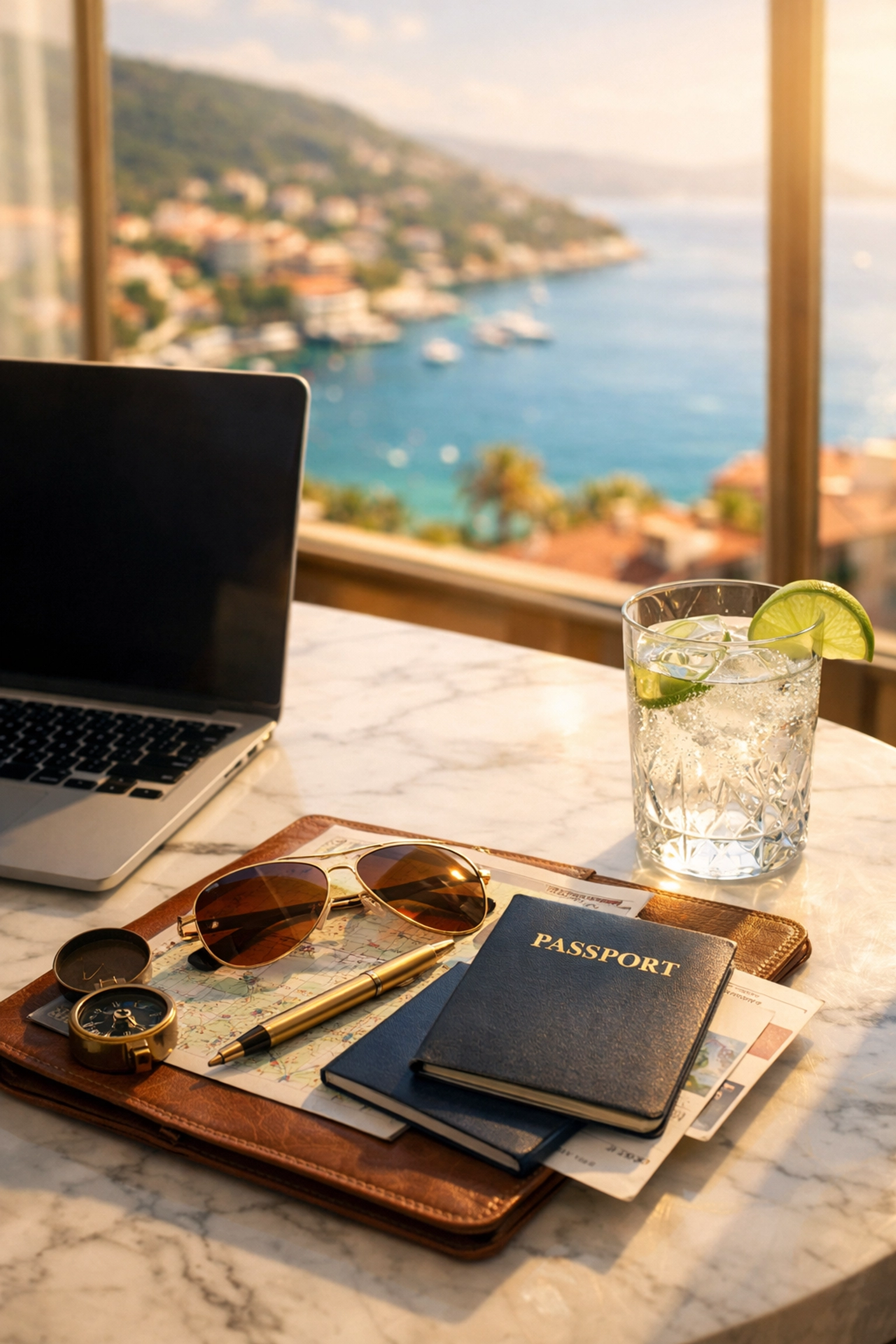 Luxury vacation planning scene with a laptop and Mediterranean view for custom travel itineraries.