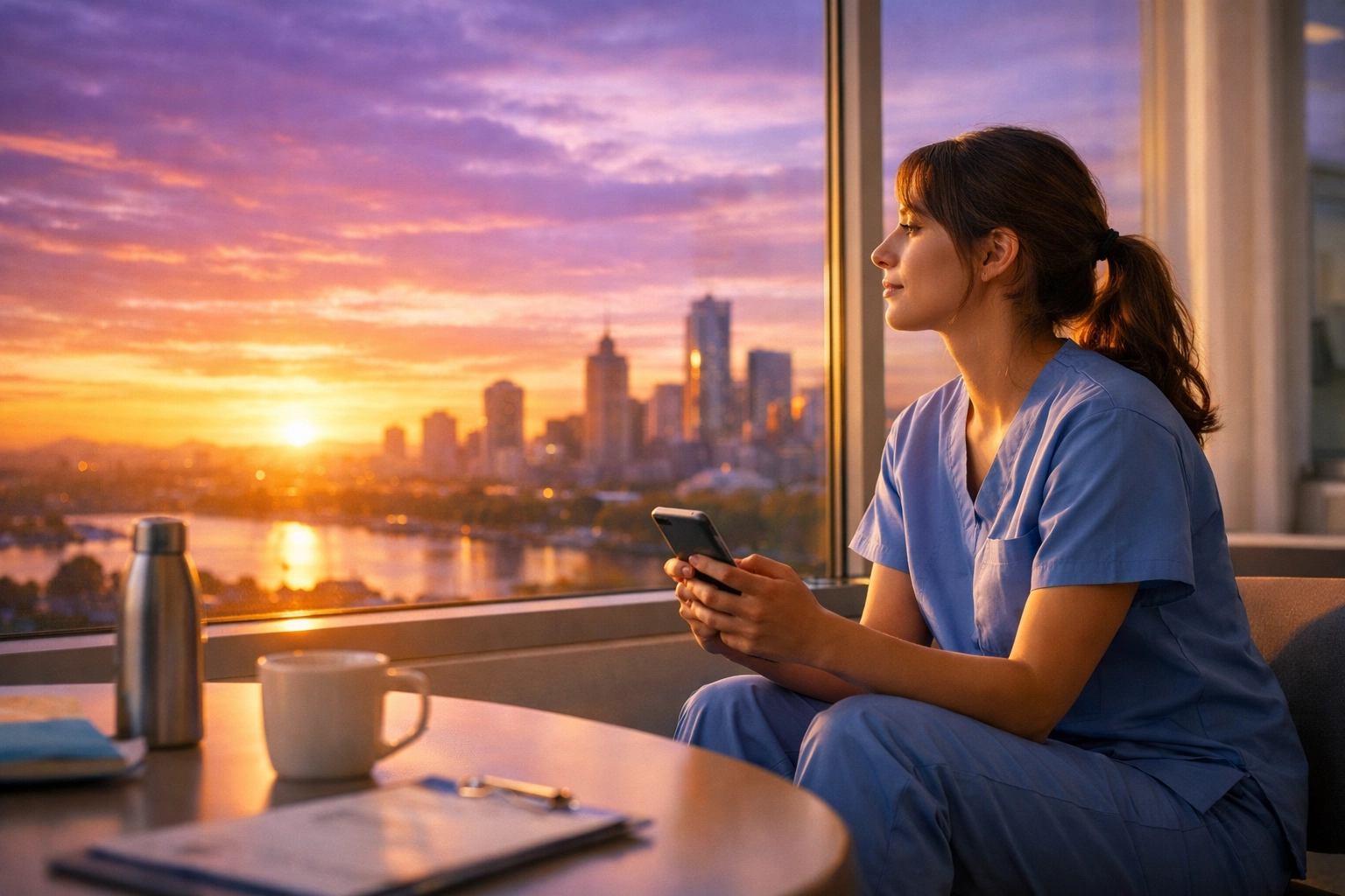 A nurse finds a moment for faith at sunrise, illustrating how we grow in our knowledge of God online.