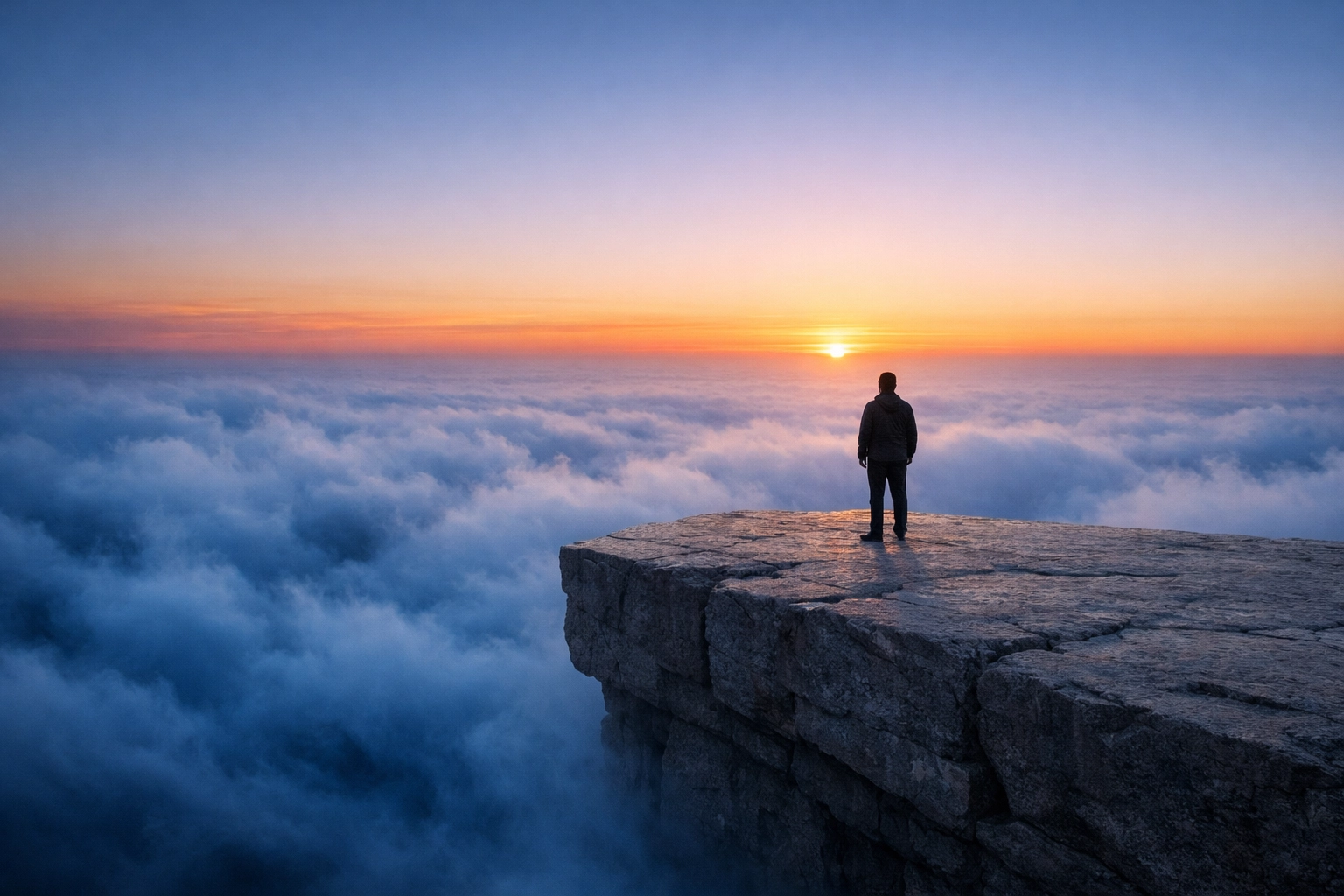 A person standing in peace on a solid stone foundation above a chaotic mist during a serene sunrise.