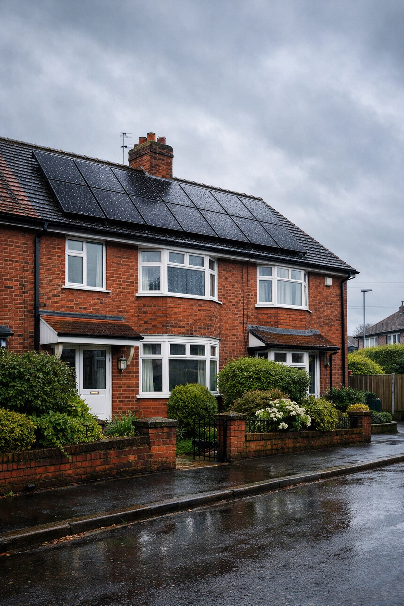 All-black solar panels installed on a UK semi-detached house roof under rainy British weather.