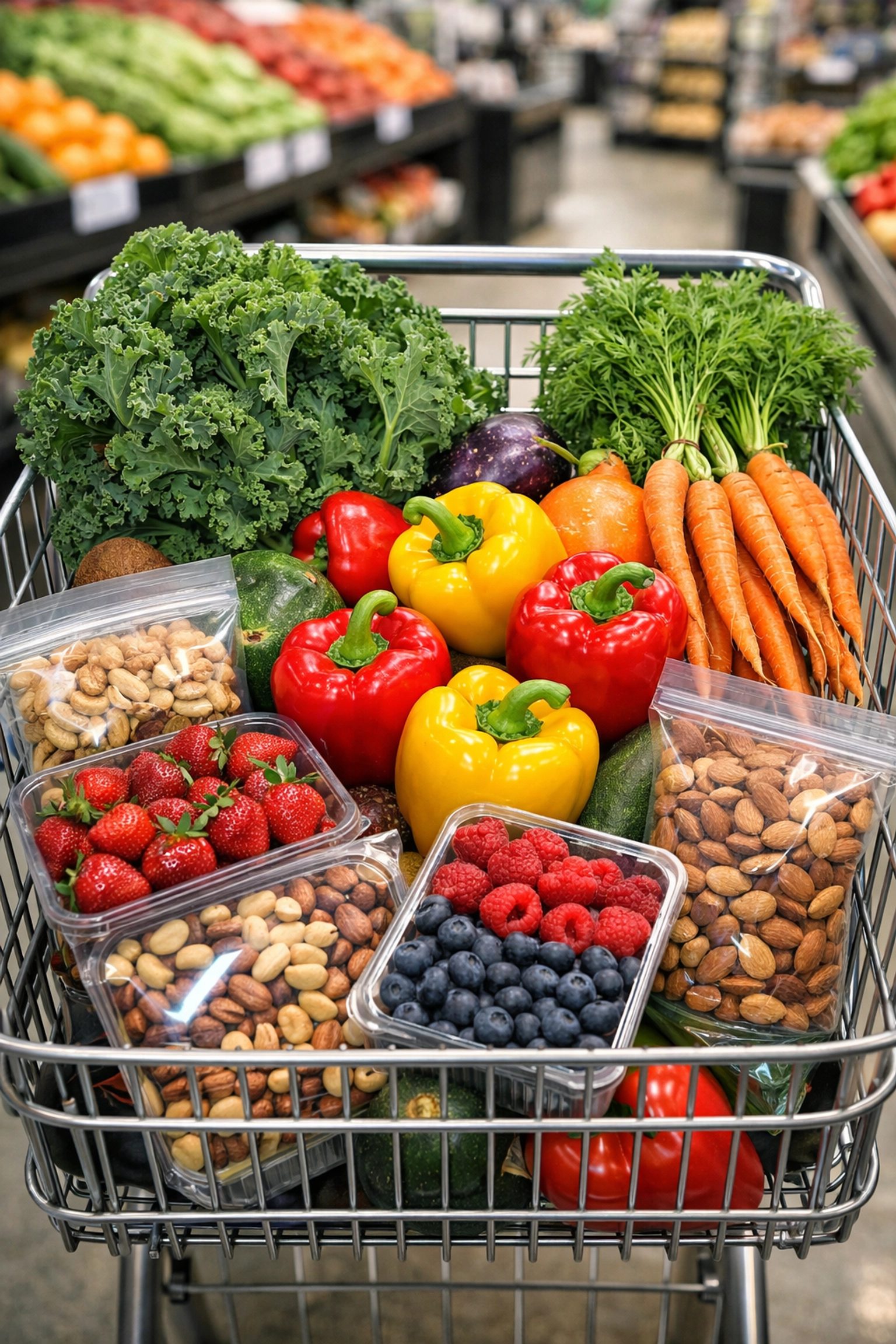 Shopping cart overflowing with fresh produce and vegetables for parrot diet
