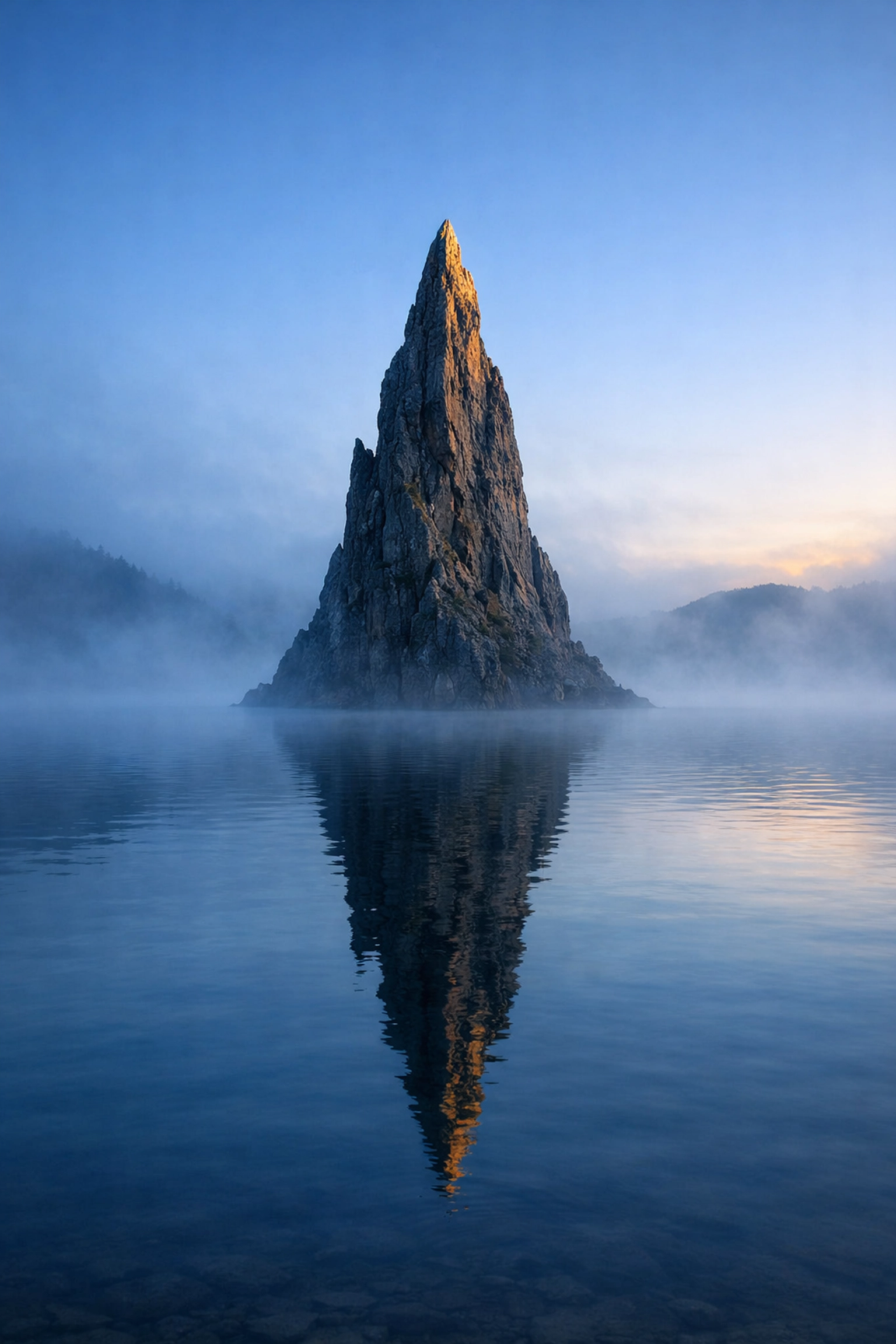 Rock spire in a misty lake at dawn showing a clear subject in landscape photography.