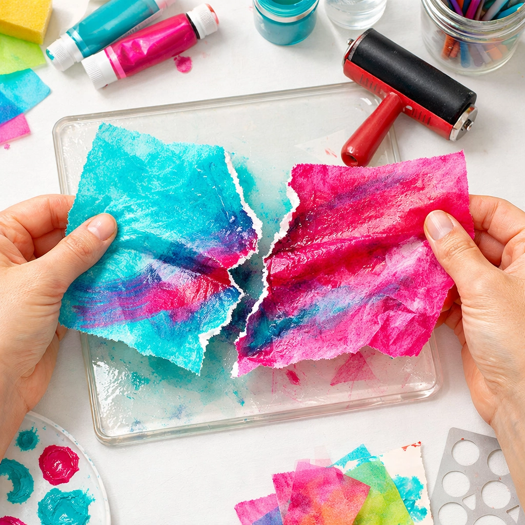 Rice paper tearing while pulling a gel print, showing common Gel Plate printing frustration