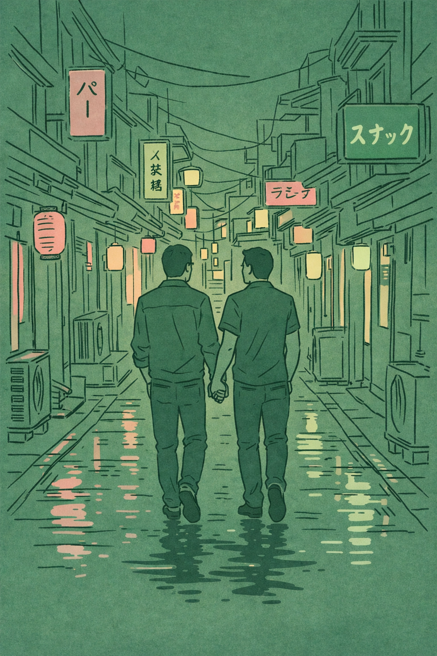 Gay couple walking through neon-lit Shinjuku Ni-chōme alleyway in Tokyo at night