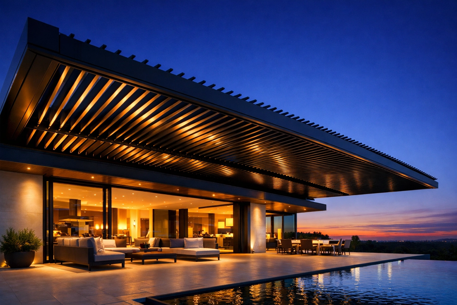 Large automated louvre roof system on a modern terrace demonstrating the structural strength of 6063-T5 aluminum.