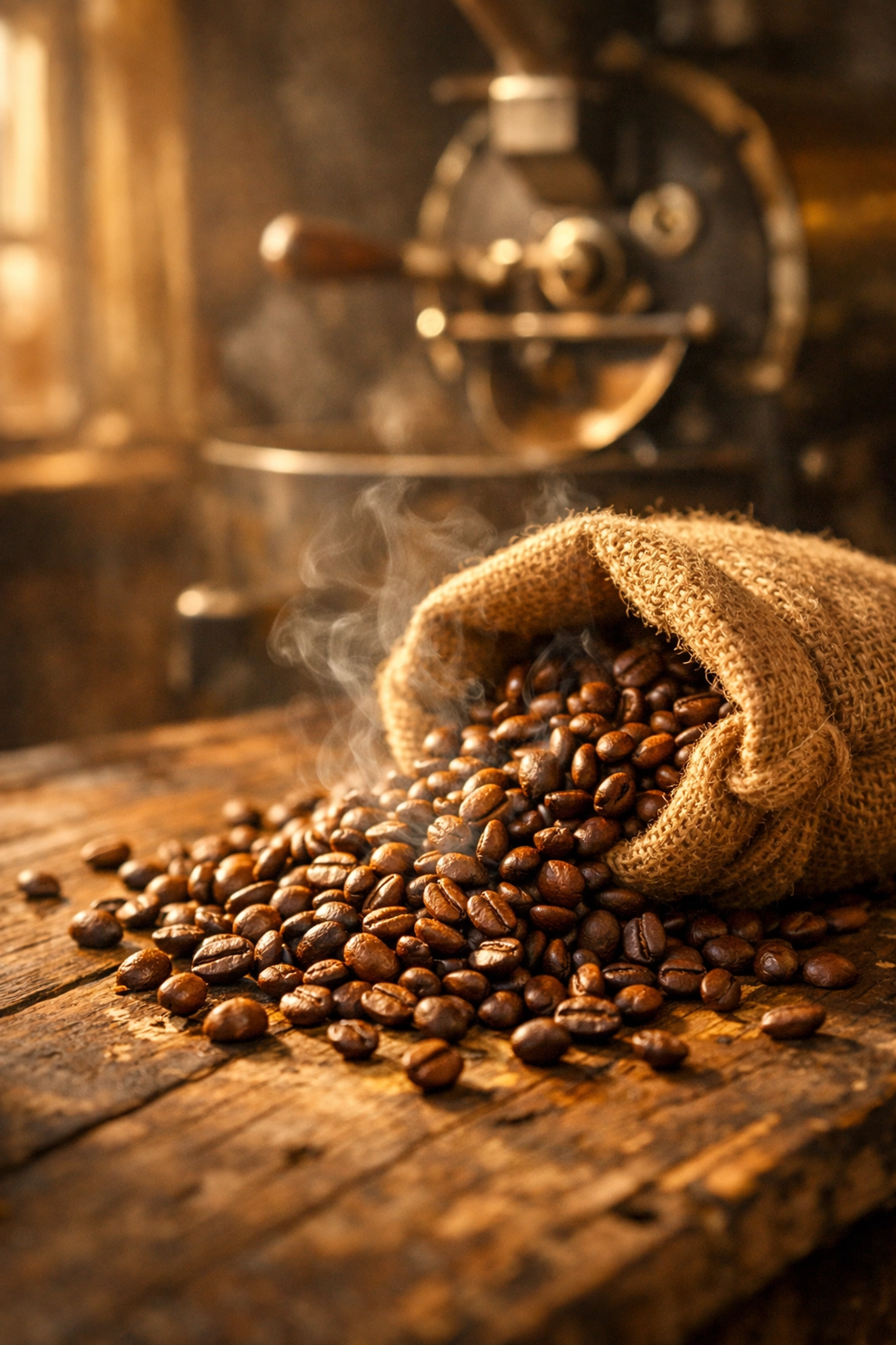 Freshly roasted coffee beans being poured from burlap sack showing artisanal roasting quality