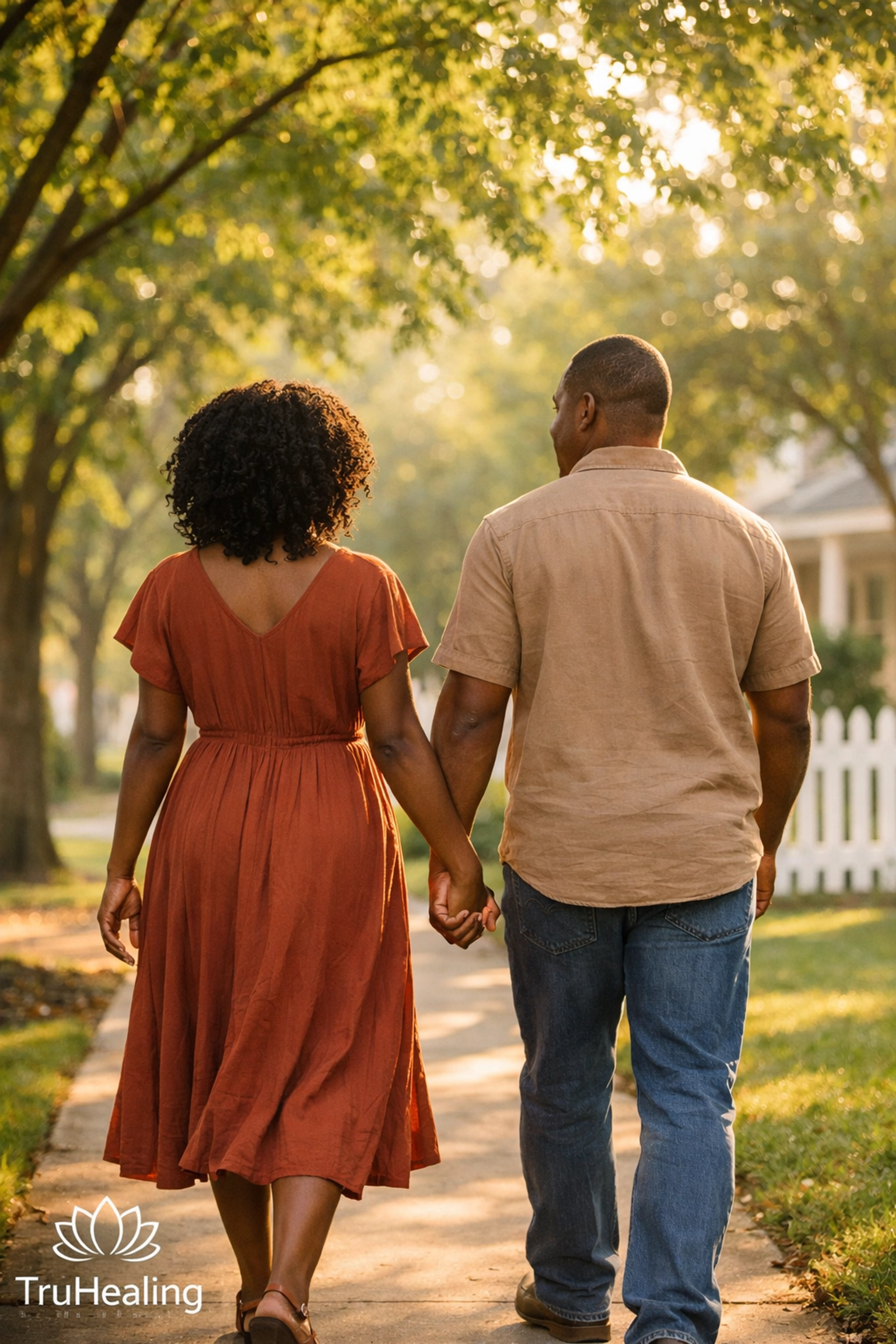Couple walking hand-in-hand down tree-lined path, moving forward together after trauma therapy